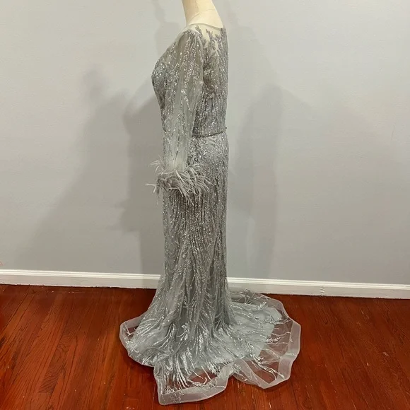 CINDERELLA DIVINE Fitted Long Glitter Evening Dress With Feathers Sleeves - Picture 9 of 16